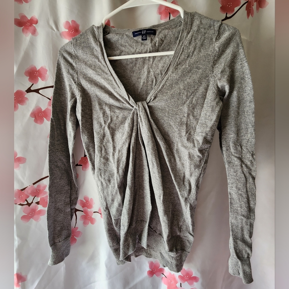 Women's GAP Gray Vneck Tie Knot Light Sweater Long Sleeve Shirt Size XS